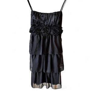 Vintage Sequin Hearts Tiered Black Chiffon Party Dress USA Made Sz 7